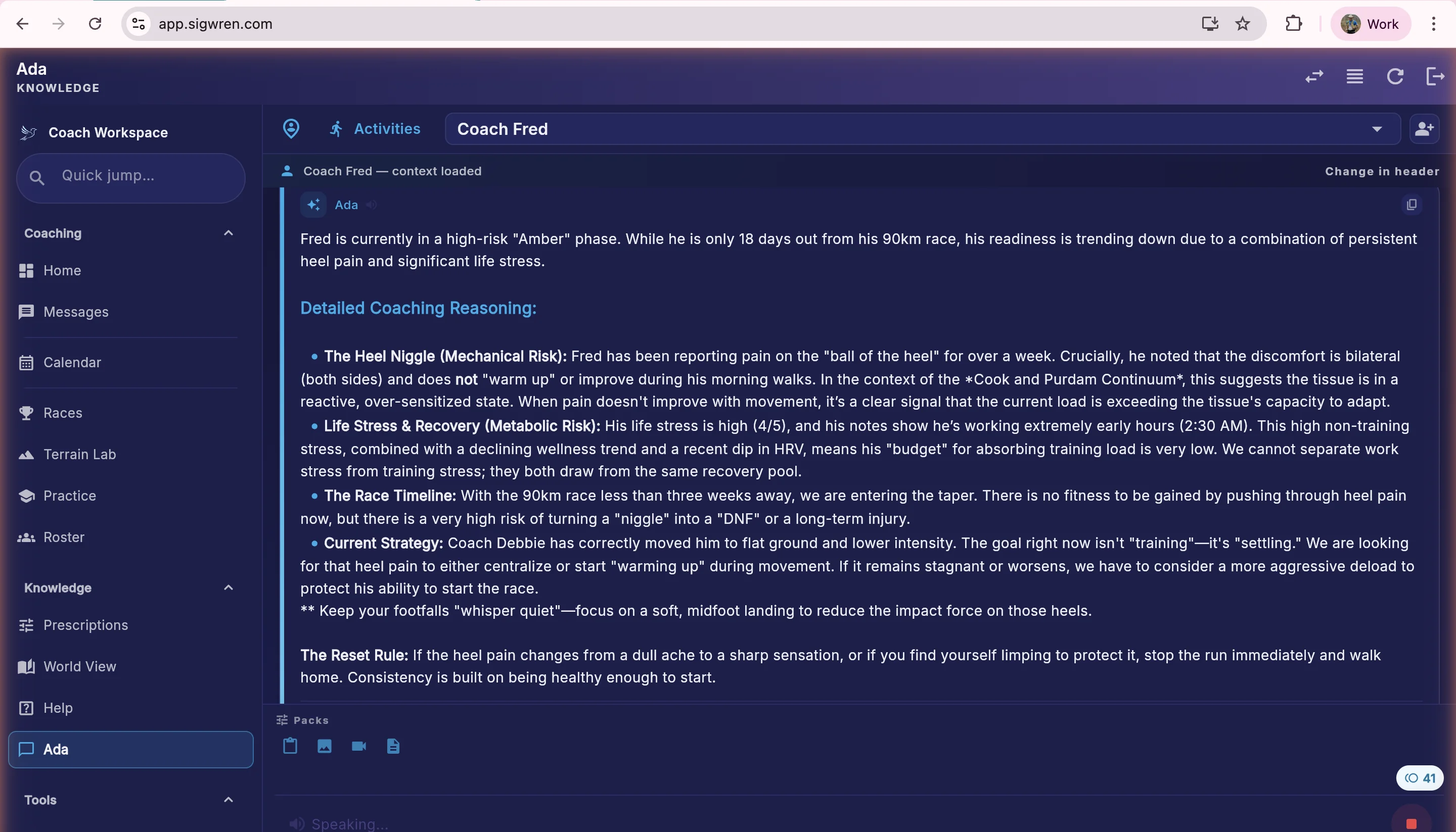 Ada AI assistant providing detailed coaching analysis with injury reasoning and training recommendations