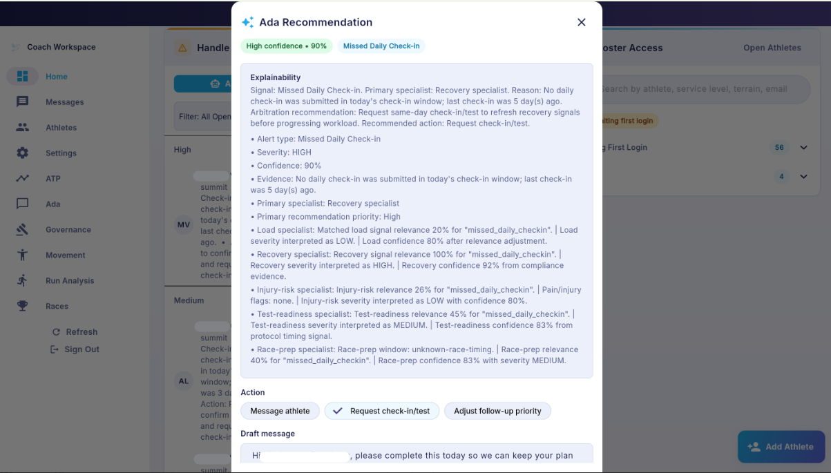 Ada triage output screen with priority summary, rationale, and suggested coach communication