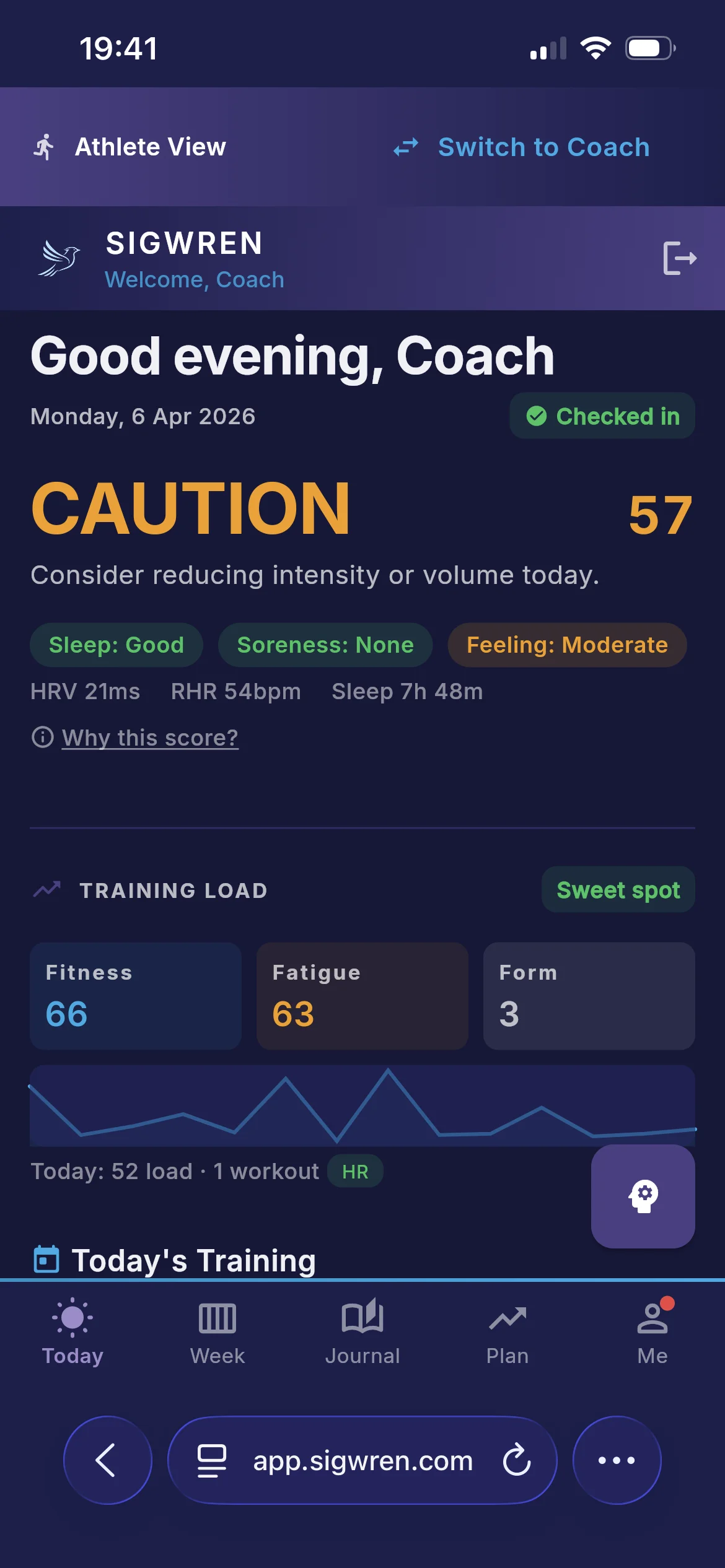 Today tab with readiness score and daily decision