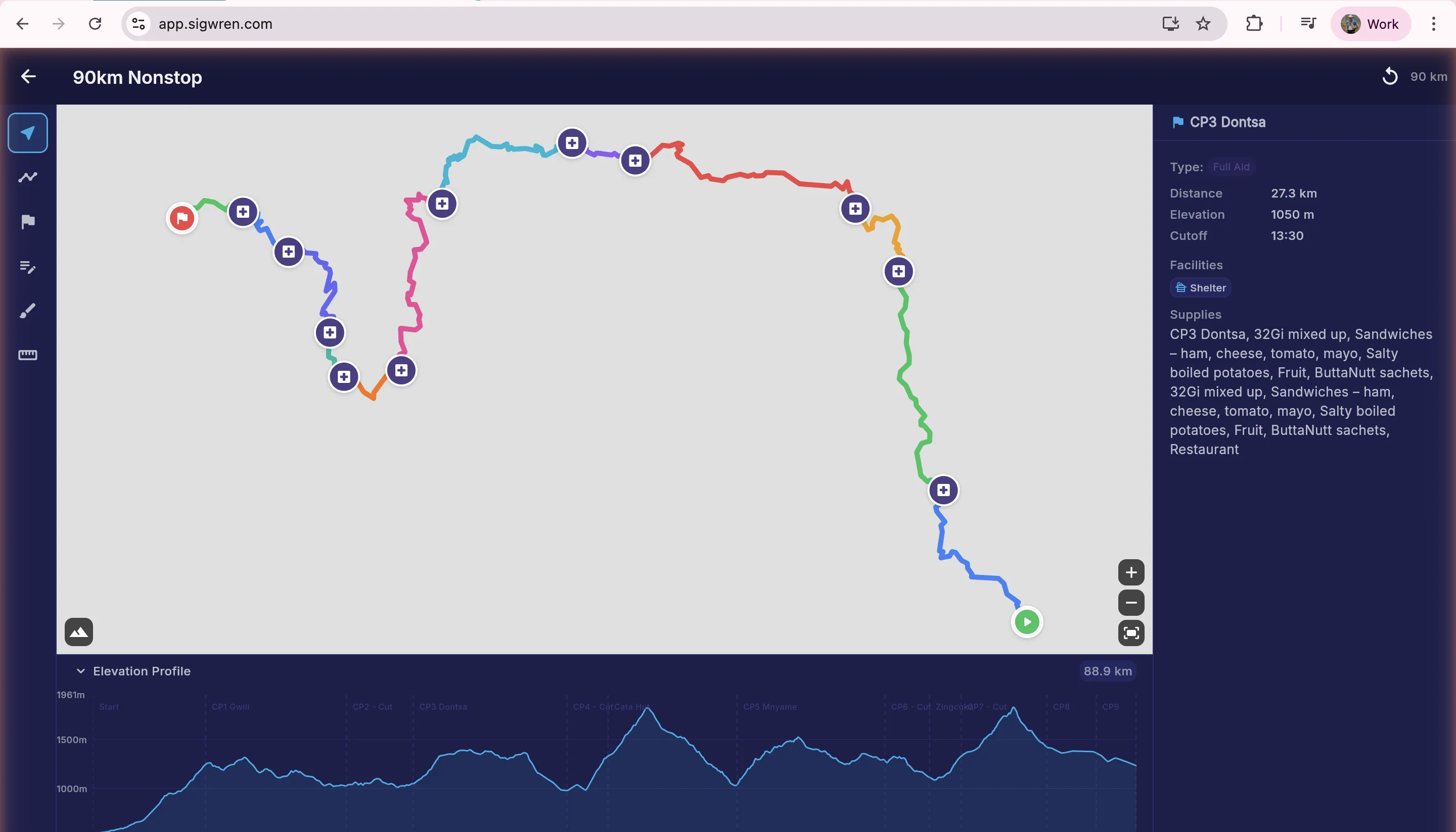 Course planner with colour-coded segments, checkpoints, and elevation profile