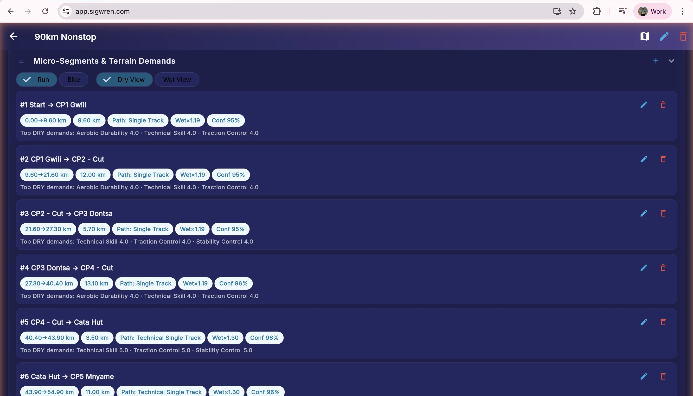 Micro-segments showing segment-by-segment terrain demands, path types, and difficulty