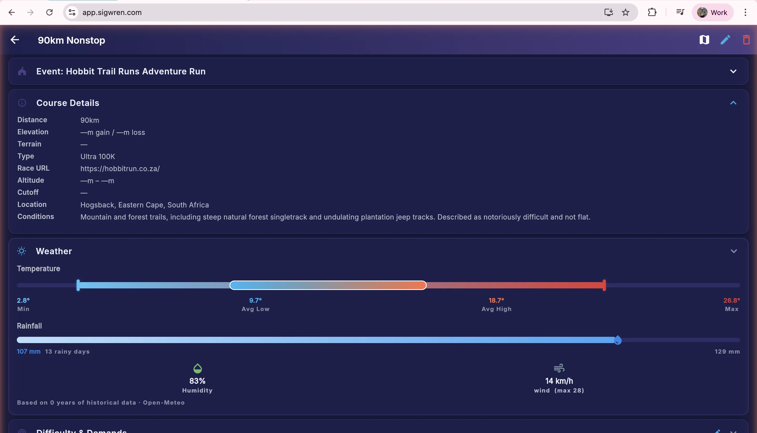 Race course details showing distance, elevation, weather, temperature, and conditions