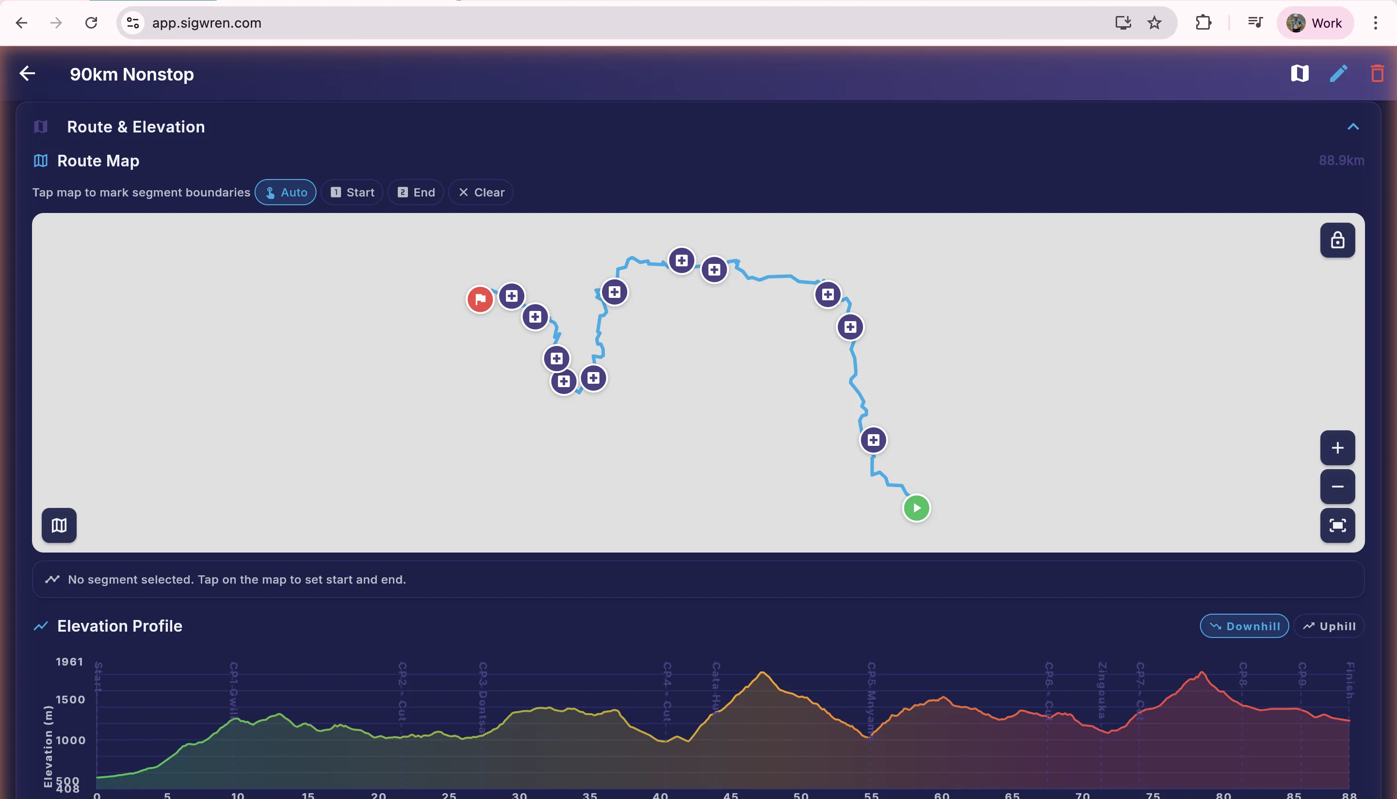GPX route map with checkpoints and elevation profile chart