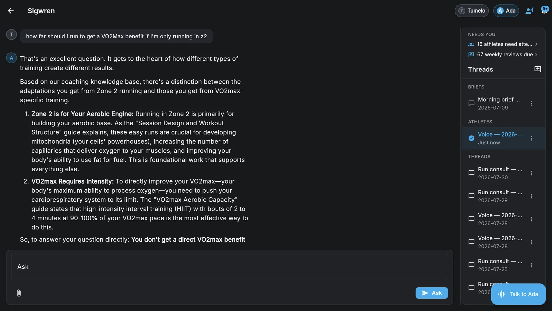 Ada answering a training-science question, distinguishing what Zone 2 builds from what VO2max work requires, and naming the coaching guides the answer is drawn from.