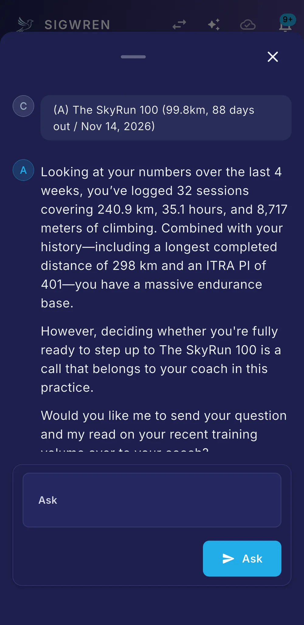 Alice summarises the athlete's last four weeks of training, then says the readiness decision belongs to their coach and offers to send the question over.