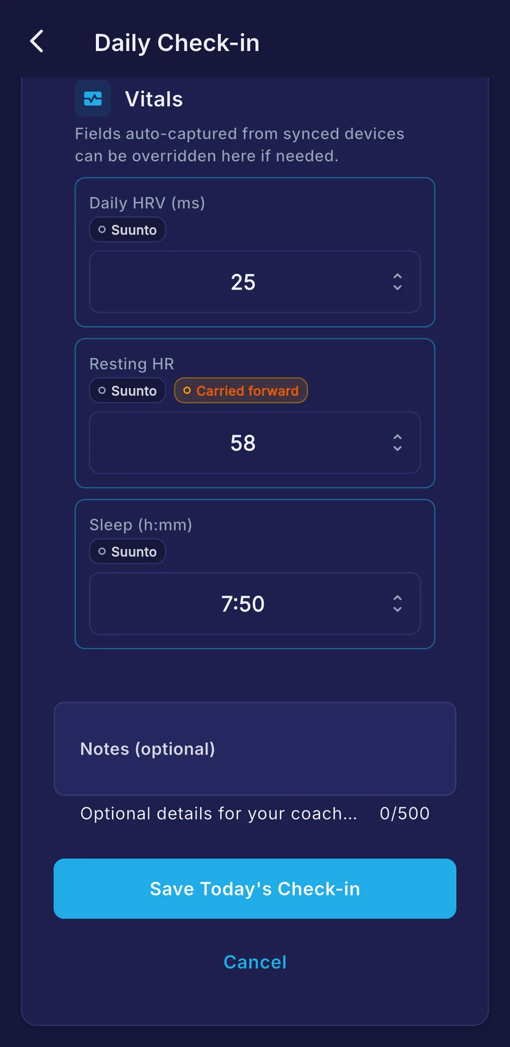 Check-in vitals showing HRV, resting heart rate and sleep, each labelled with the device it came from, one flagged carried forward, and all of them editable.