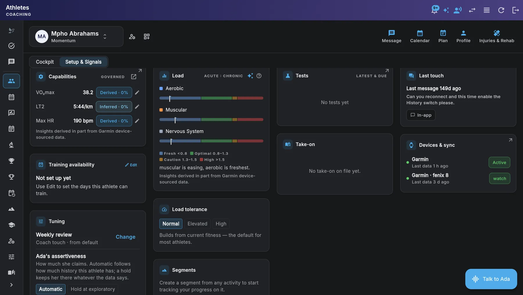 Ada AI assistant providing detailed coaching analysis with injury reasoning and training recommendations