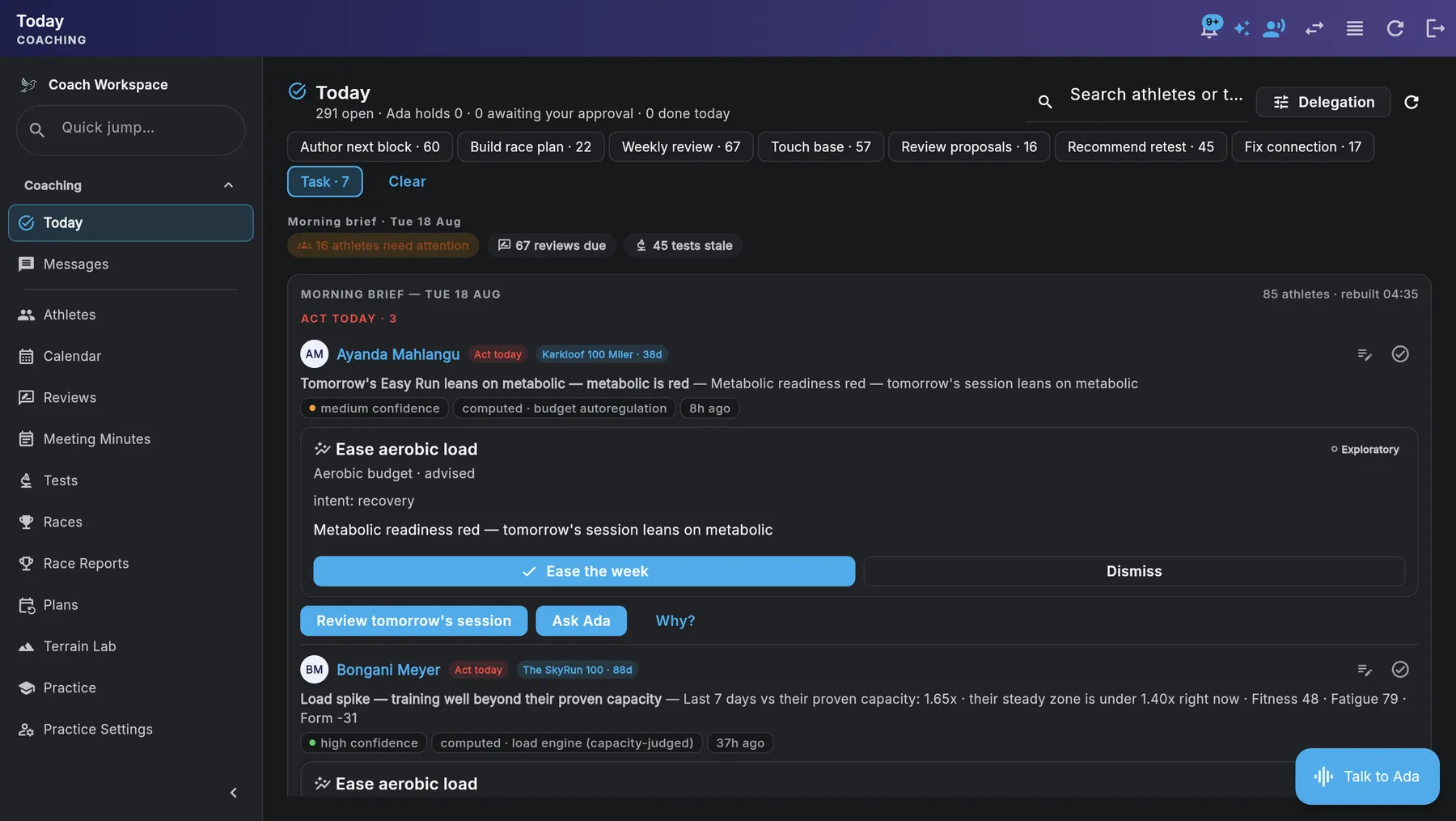 Coach triage dashboard with athlete roster, readiness scores, and attention actions